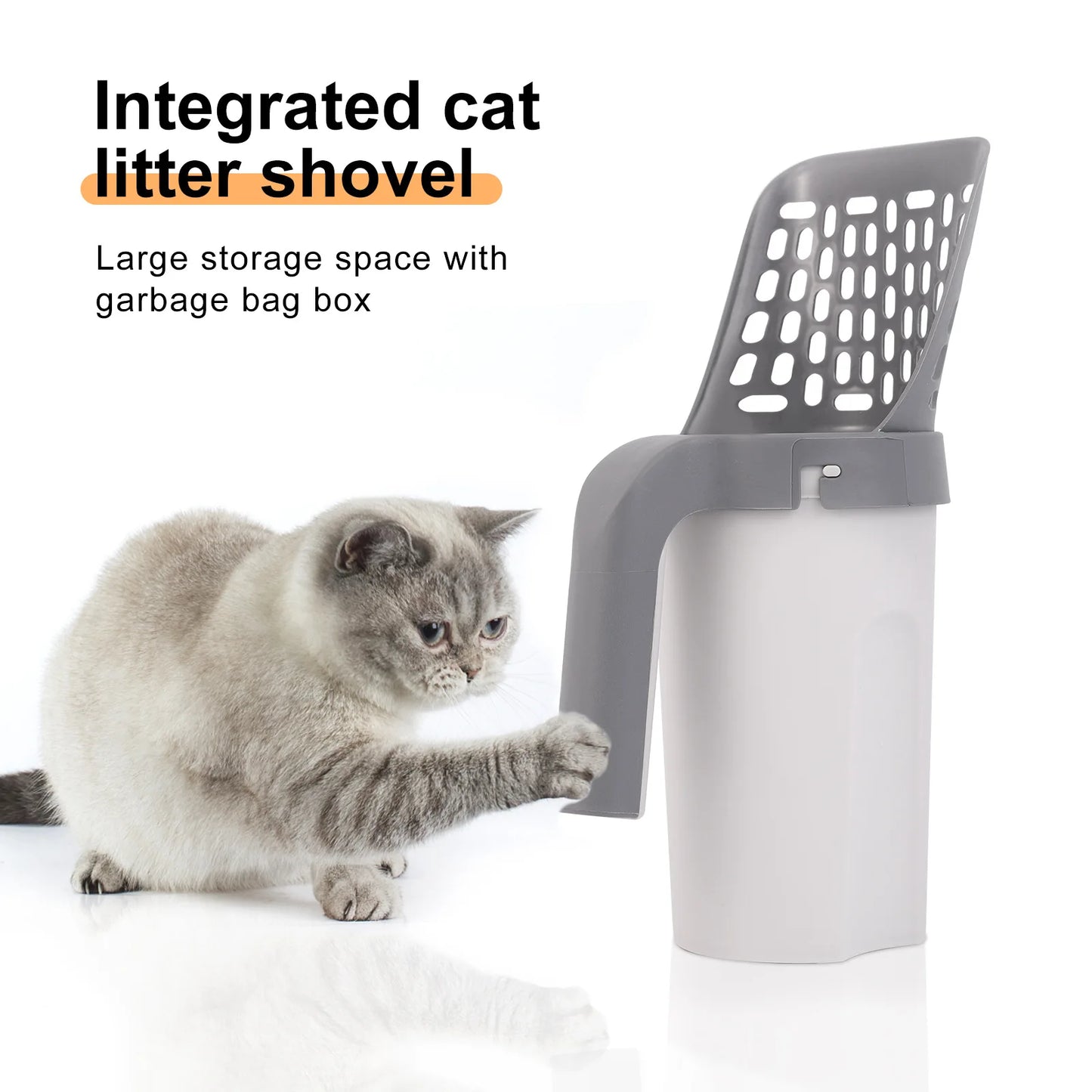 .Integrated cat litter scoop and self-cleaning cat litter box.